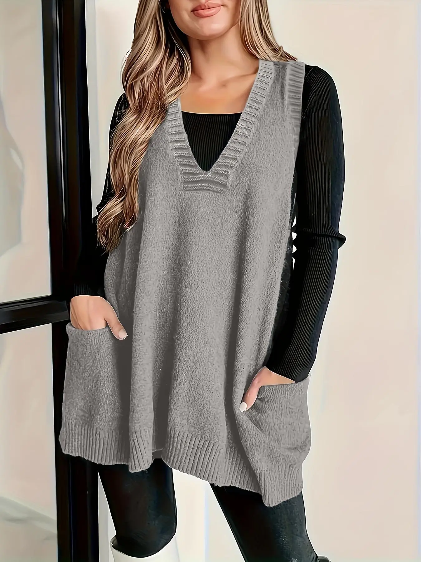 【Plus Size】 Solid Pocket V Neck Knit Tank Top As Halloween Gift, Casual Sleeveless Knitwear for Fall & Winter, Women's Clothing for Daily Wear
