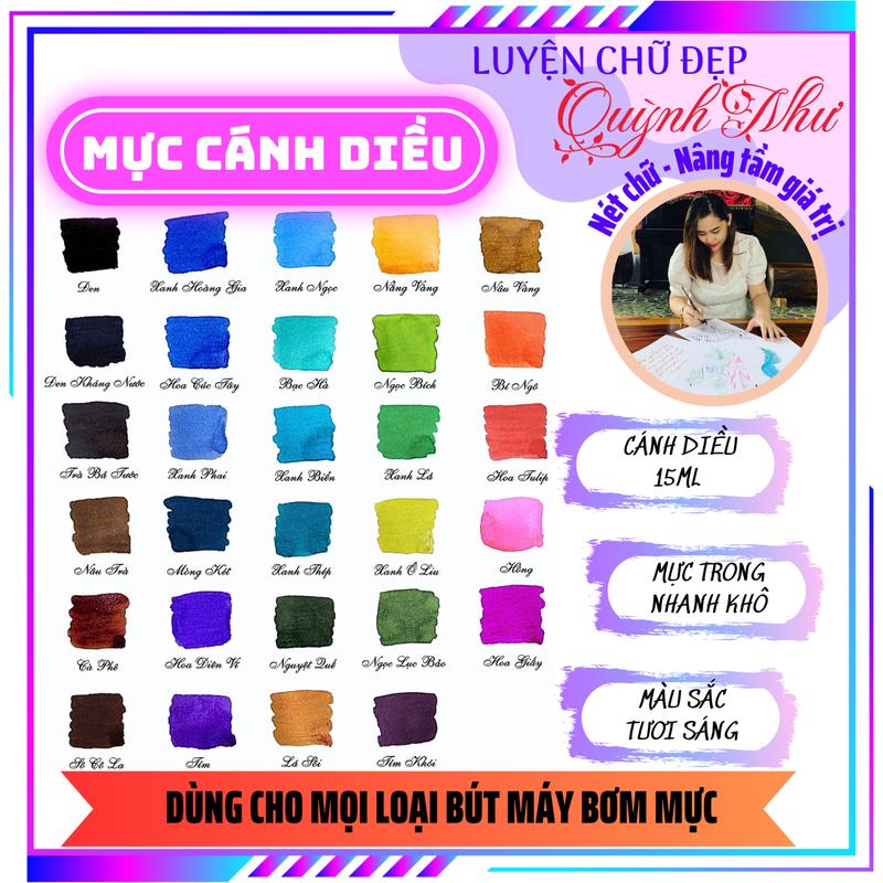 Mực Cánh Diều Nhanh Khô 15ml - Mực Bơm Bút Máy Nhiều Màu Sắc