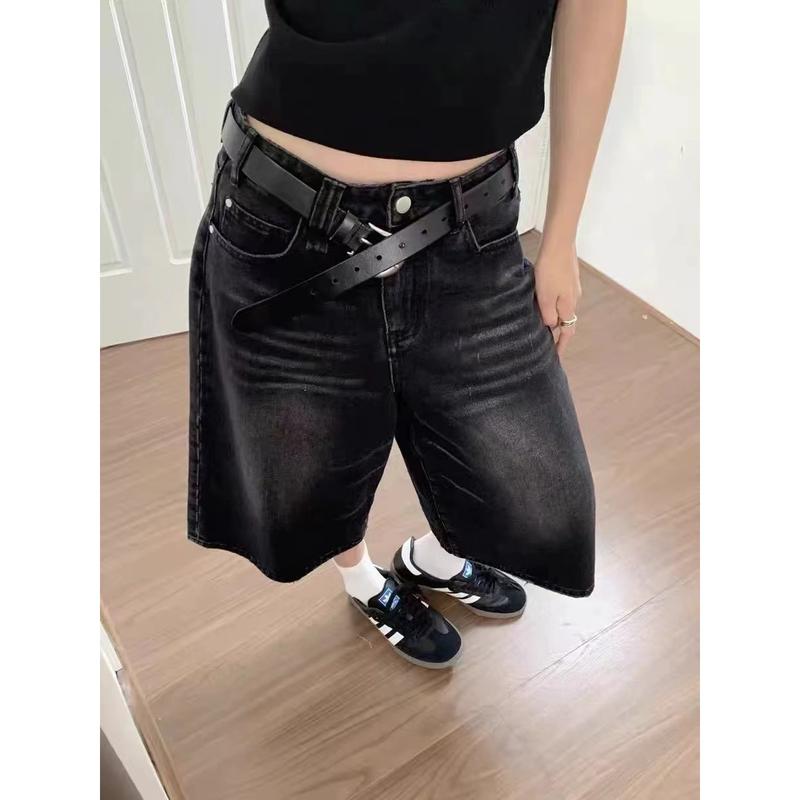 Quần Cropped Denim, Màu Đen, Dành Cho Nữ, Dáng Rộng Vừa Vặn, Quần Ống Đứng, Ngoại Cỡ, Quần Đùi 3