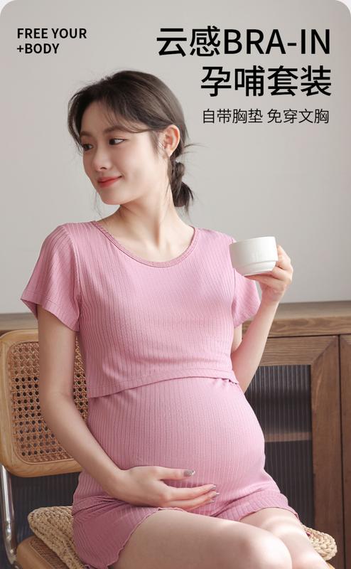 Product Introduction of Breastfeeding short sleeved shorts set, pregnant women's pajamas, summer thin design, postpartum home clothes, two-piece set, nursing clothes, confinement clothes 1