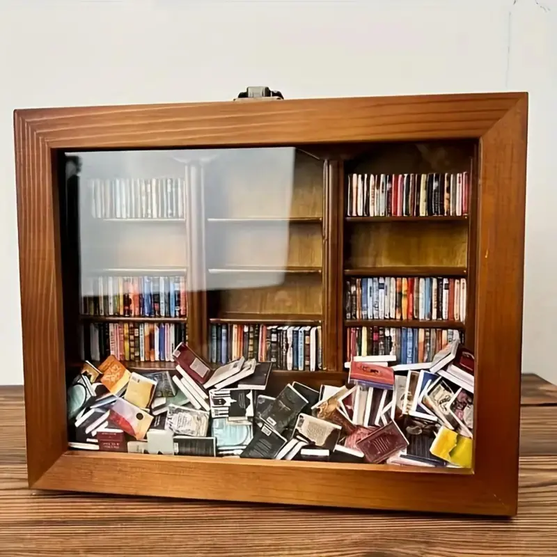 Wooden Book Shelf with 200pcs Miniature Books, 1 Count Decorative Bookshelf Statue, Home Decor for Book Lovers, Miniature Library, Office Decor Mini Bookshelf 2