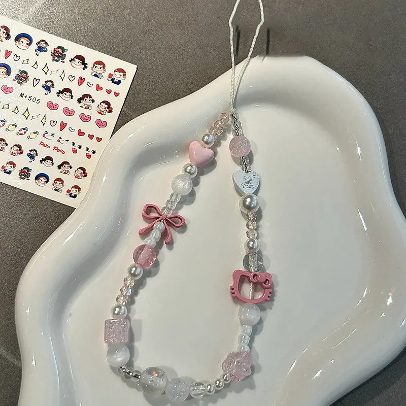 Dây Chuyền Điện Thoại HelloKitty, Màu Hồng, Ốp Điện Thoại Hình Mèo Ins, Dây Đeo Buộc, Thủ Công, Mặt Dây Chuyền Máy Ảnh Đính Cườm