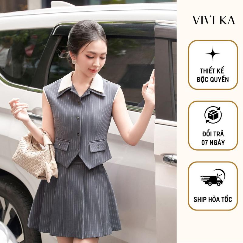 VIVIKA - Set áo gilet cổ phối + chân váy xếp li dáng A - VKSE00444 Nữ Women Nhung Top