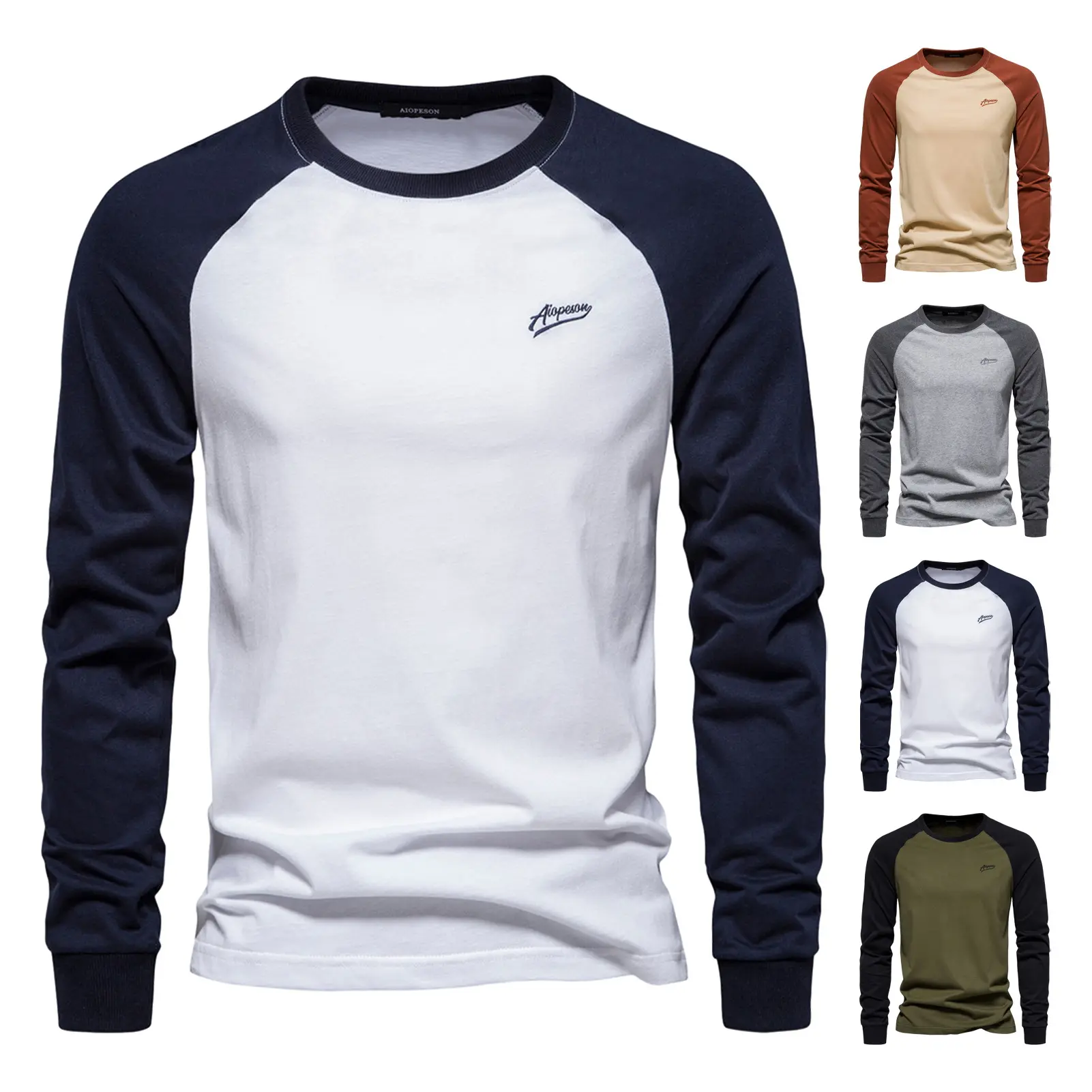 Men Raglan Long Sleeve T-shirt O-Neck Patchwork Color Pullover Tops Loose Fit Elastic Cuffs Breathable Casual Tops