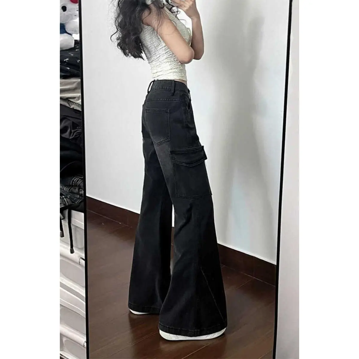 American Style Low Waist Cargo Jeans for Women High Street Black Gray Loose Slimming Wide Leg Multi-Pocket Fall Winter Flared