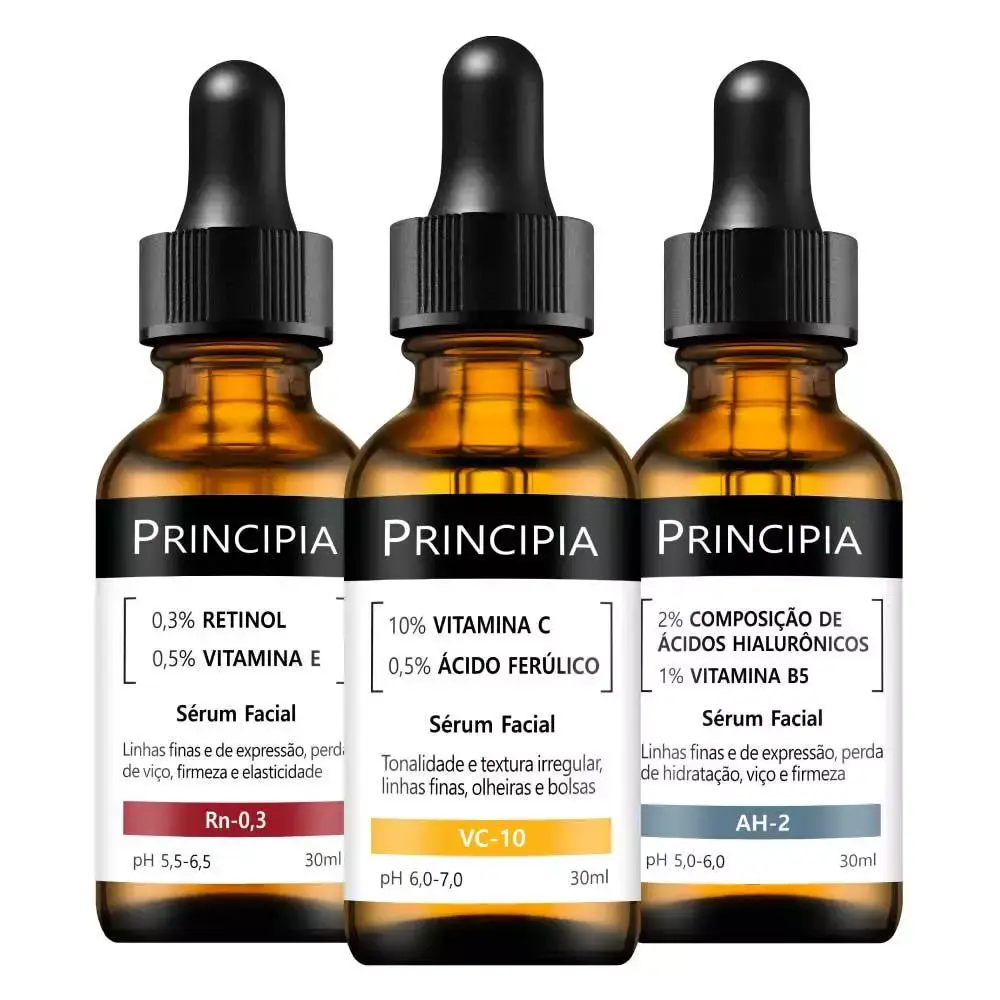 Principia Kit Rejuvenescedor Essencial Trio Sérum Vitamina C + Retinol + Ácido Hialurônico (rugas, linhas finas, manchas) firmeza e elasticidade Solução Clareadora