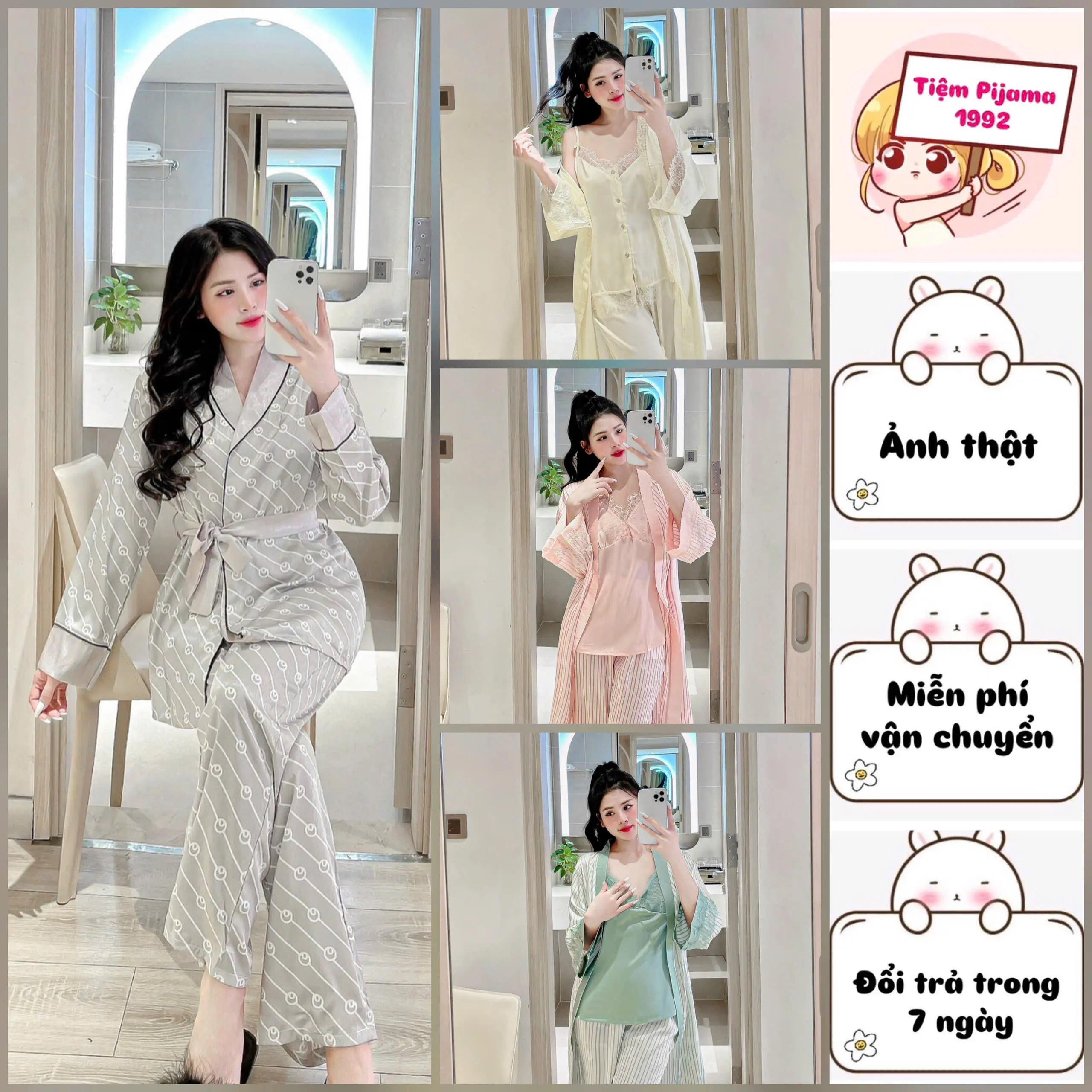 Đồ Bộ Ngủ Mặc Nhà Áo Dây Có Quần Combo + Choàng Lụa Latin Và Lụa Xước Nữ Áo Ngủ Pijama Nhung Kem Women - Màu Beige - Tim Voi Lịch