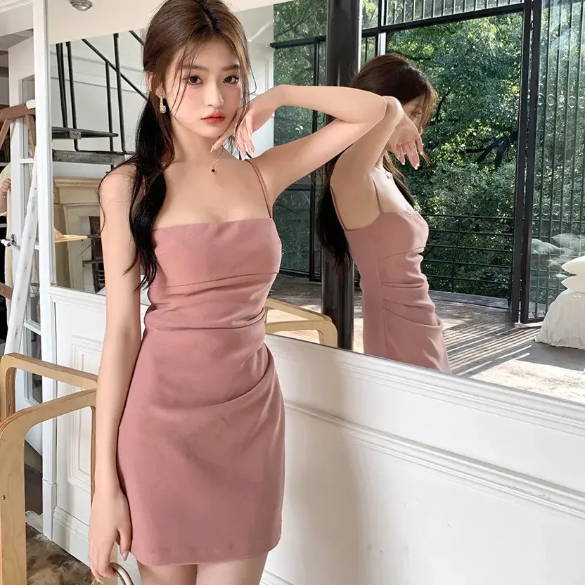 Váy Hai Dây Dây Dài Và Ngắn, Màu Hồng, Không Tay, Phong Cách Mới Mùa Mùa Xuân Và Mùa Thu 2024, Váy Đáy bodycon Gợi Cảm, Giảm Tuổi, Hợp Xu hướng A-Line A-Line Casual V-Neck Boat Neck Slim-fitting Plain Floral Street Sweet Holiday