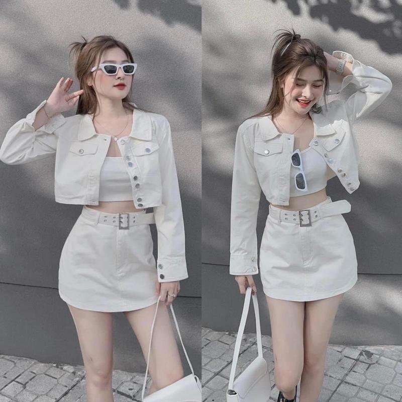 Set kaki áo khoác cropotop mix chân váy chữ A kèm đai (phối áo lót borip) cùng tone màu trắng sáng da, xinh xắn
