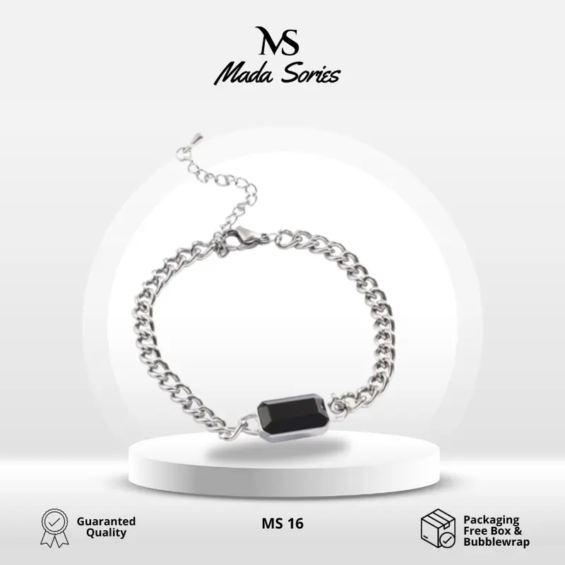 Madasories Gelang Rantai Titanium Permata Hitam Berkilau Zirconium MS16 0