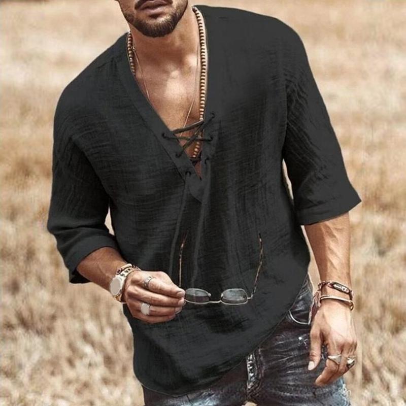 Bvbfzin Men V-neck Shirt Loose Fit Men Top Men's Lace-up V Neck Shirt Retro Style Mid Sleeves Loose Fit Top for Daily Wear in Asia 6