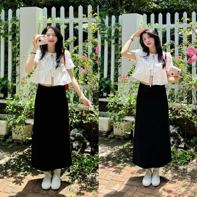 (ẢNH OLDSCHOOL) Chân váy đen dáng dài form midi co dãn