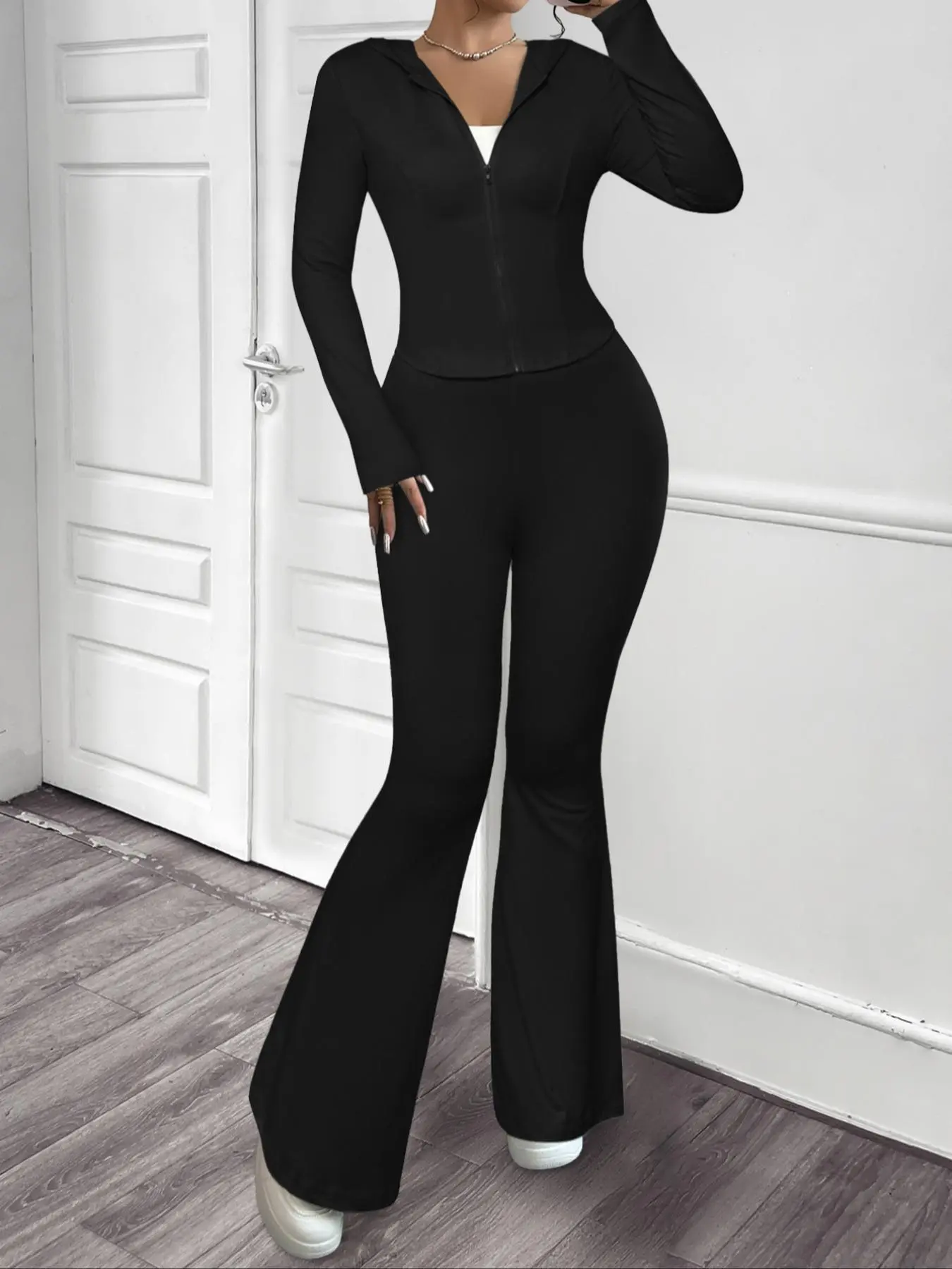 Aliling Women's Solid Zip Up Jacket & Flare Leg Pants Two-piece Set, Casual Sporty Long Sleeve Top & Bell Bottom Trousers for Daily Outdoor Wear, Ladies Clothes for Spring & Fall