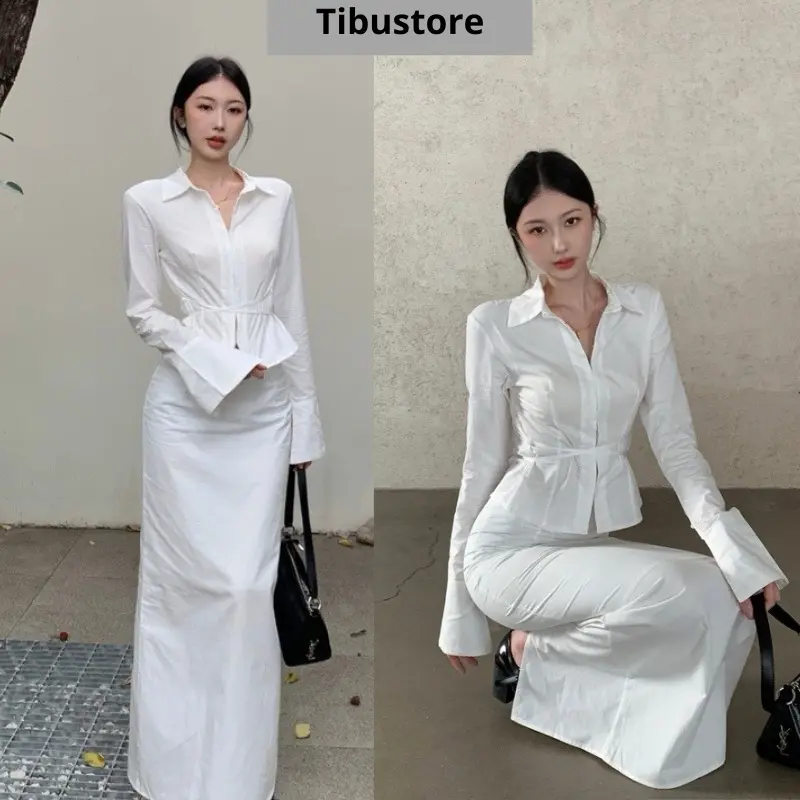 Set Áo Tay Dài Đan Chéo Eo Phối Chân Váy Dài TIBU Set Đồ Nữ Sang Chảnh Đơn Giản Đi Chơi Dạo Phố Tôn Dáng S41 Women Top Voi