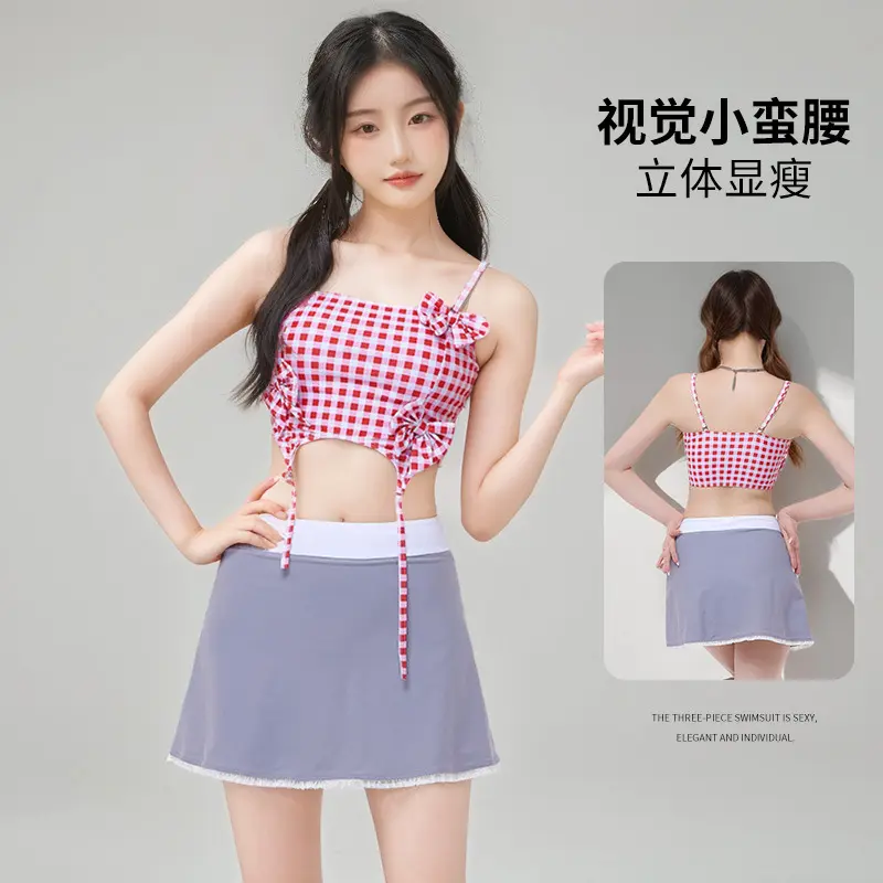 2025 Women's Swimsuit Two-Piece Set Halter Plaid Strap Dress Tie Waist Slimming Swimwear