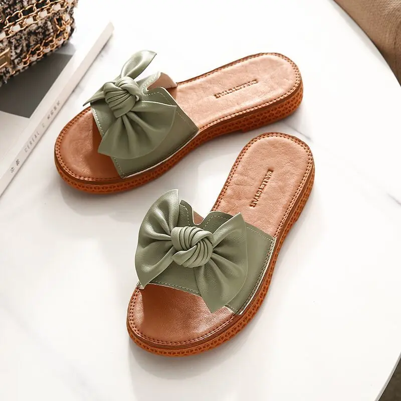 2025 High Quality Slippers Women Summer Wear Bowknot Flat Beach Shoes Seaside Full Cowhide Fashion Genuine Leather Sandals Internet Hot Women's Shoes Hot Sale