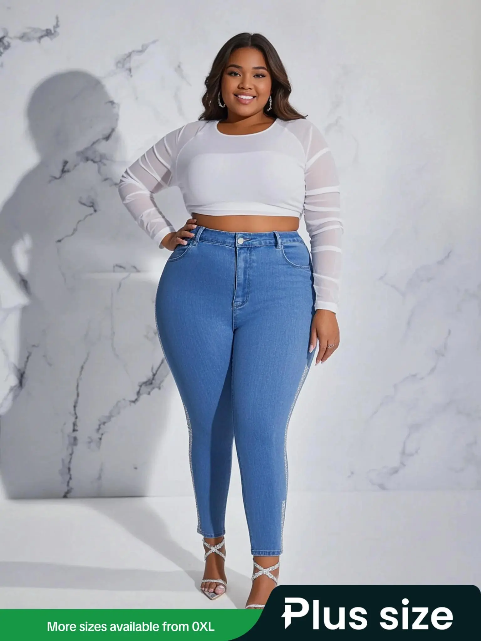 【Plus Size】 Rhinestone Decor Denim Jeans, Fashion Casual Skinny Jeans for Daily Outdoor Wear, Women Plus Clothing for All Seasons