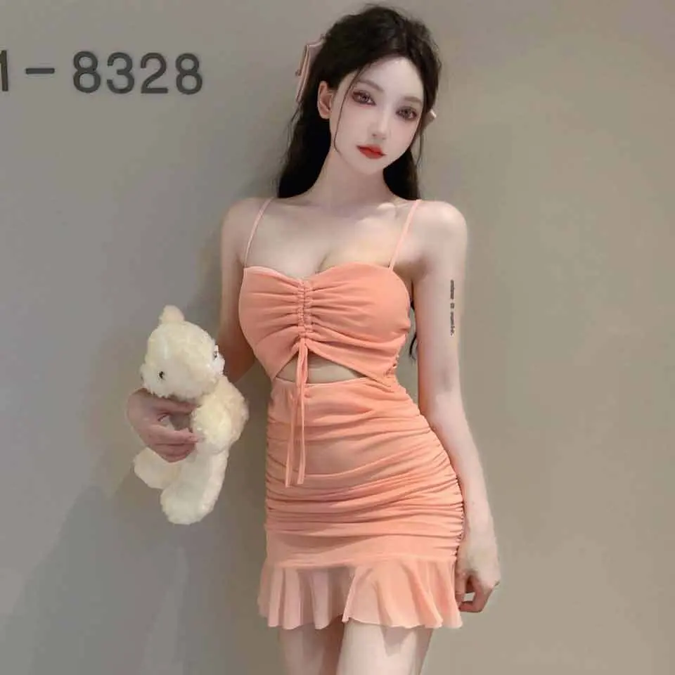 Quần áo nữ hộp đêm váy hai dây lưới khoét gợi cảm váy ngắn bó sát và hở lưng cổ xẻ Sâu cô gái nóng bỏng phong cách dễ thương và gợi cảm