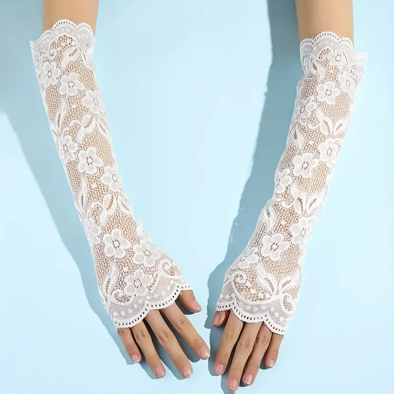 1 Pair Lace  Breathable Flower Embroidery Solid Color Long Gloves Elastic Decorative Fingerless Gloves For Women 6