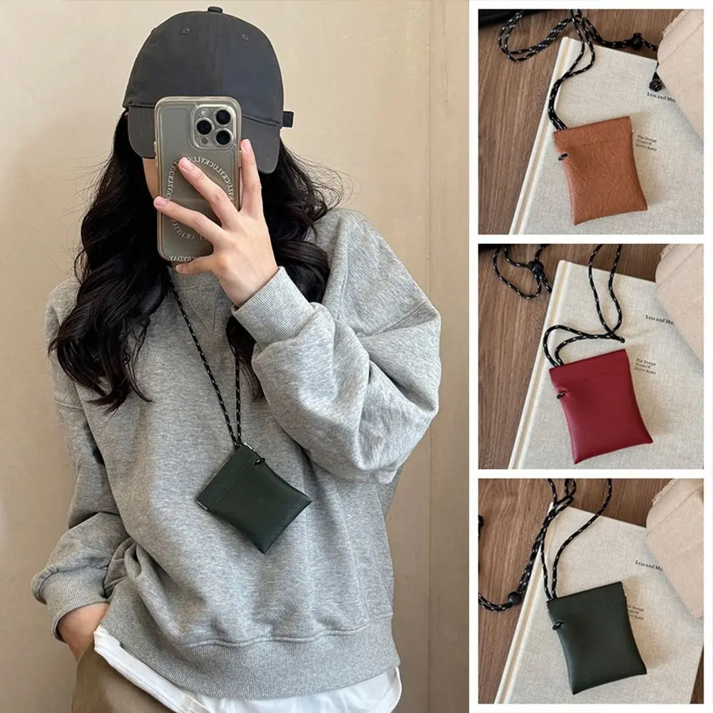 Korean Style Pu Leather Coin Purse Travel Lipstick Earphone Hanging Neck Coin Purse Solid Color Keys Cards Small Storage Bag Wallet