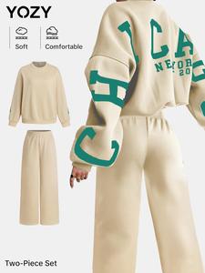 YOZY Two-Piece Set Women's Letter Pattern Drop Shoulder Sweatshirt & Elastic Waist Wide Leg Sweatpants, Casual Fashion Cozy Round Neck Long Sleeve Pullover & Trousers for Daily Wear, Ladies Two-piece Outfits for Fall & Winter