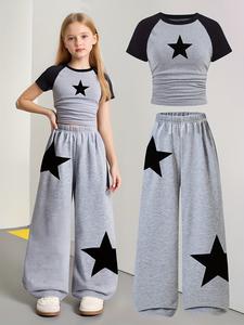Conjunto de dos piezas para niñas, moderno para regresar a la escuela, pantalones deportivos de pierna ancha con estampado de estrellas, perfecto para celebraciones de primavera y verano