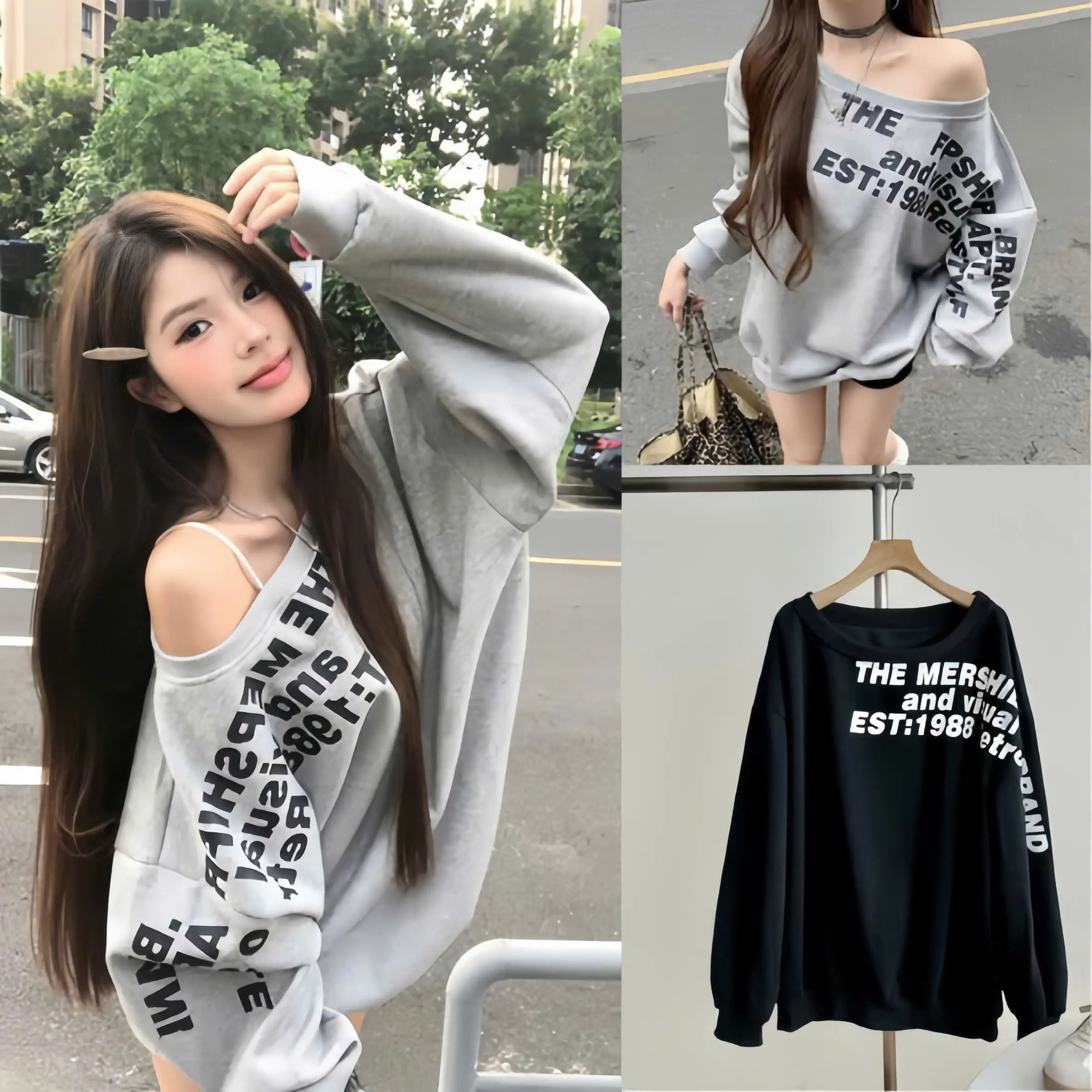 Áo Nỉ Trễ Vai In Chữ The Mers 1988 Chất Nỉ Tàu Cổ Tay Gấu Bo Dệt - Áo Sweater Trễ Vai Dáng Rộng Phong Cách Hàn Quốc