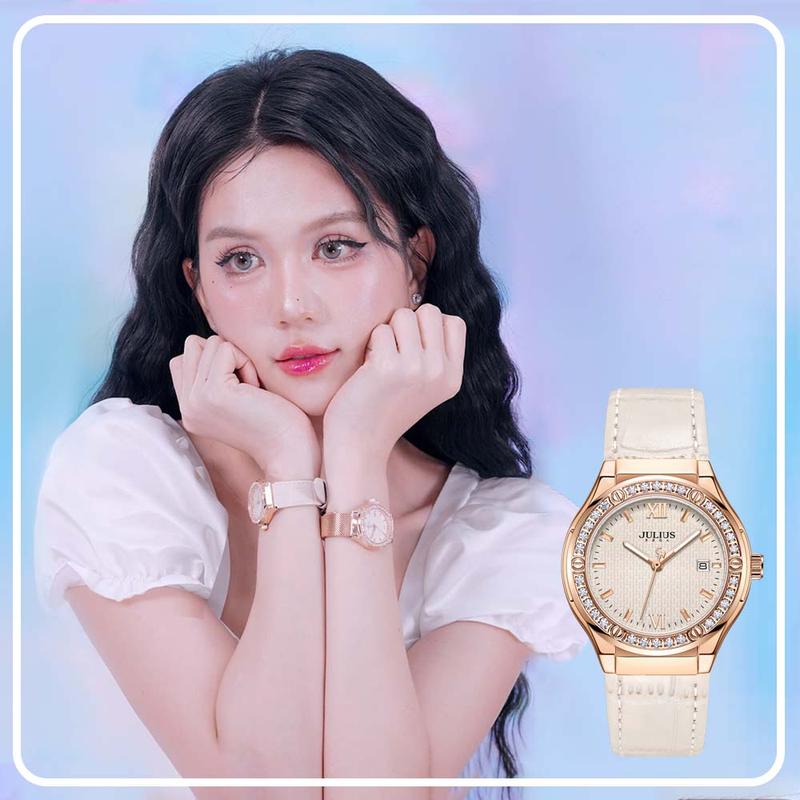  Đồng Hồ Nữ JA-1395C + Kèm Dây Thép Julius Hàn Quốc  Trắng kem  Women Watch 