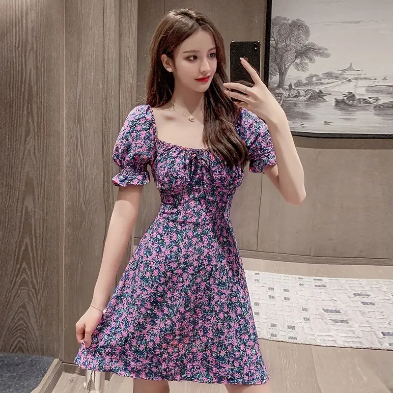 2024 fashion plus size women dress summer new French retro square collar covering belly thin puff short sleeve floral skirt Casual Womenswear