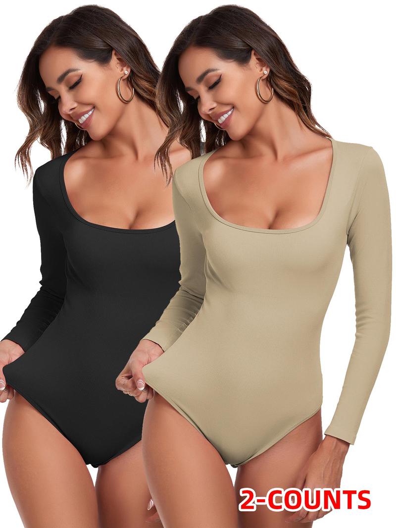 Product Introduction of Women's Solid Square Neck Long Sleeve Bodysuit, Casual Comfy Tight-fitting Bodysuit for Daily Wear, Ladies Clothes for Spring & Fall 2