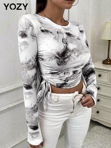 YOZY Women's Tie Dye Print Ruched Drawstring Tee, Casual Elegant Long Sleeve Round Neck T-shirt for Daily Wear, Ladies Clothes for All Seasons