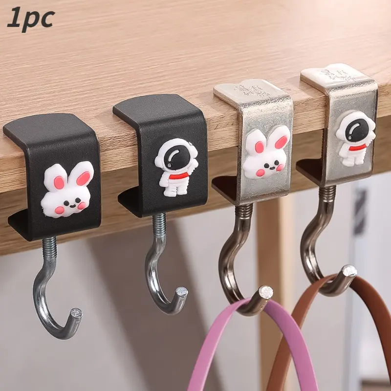 Móc Ba Lô Để Bàn Có Thể Điều Chỉnh Thiết Kế Hoạt Hình, 1 Miếng, Lắp Đặt Không Cần Đục Lỗ, Chịu Lực Cao, Họa Tiết Thỏ Và Phi Hành Gia, Móc Để Bàn