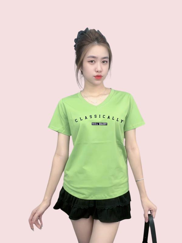 A045 - Áo Thun Thái Nữ Cổ Tim Co Giãn Tôn Dáng, Mịn Mát, Thấm Hút Mồ Hôi, Phối Hình Nổi Top Women 3