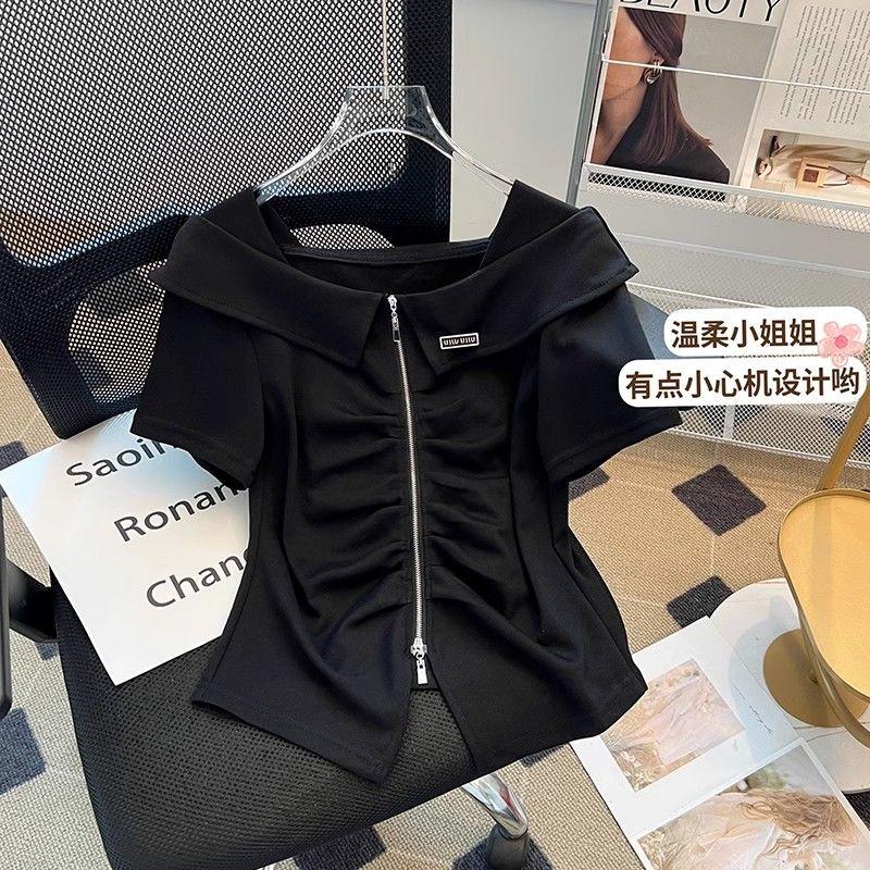 Áo Thun Ngắn Tay Xếp Ly Eo, Dây Kéo Đôi, Trễ Vai, Dành Cho Nữ, Bộ Sưu Tập Mùa Hè 2024 Hàng Mới Về, Cao Cấp, Phong Cách Ngọt Ngào Áo Mỏng Trắng Top Women 1