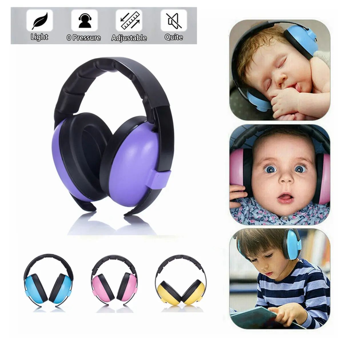 Adjustable Baby Earmuffs for Noise Reduction, 3 Months-10 Years Old Kids, Pink/Blue/Yellow/Purple