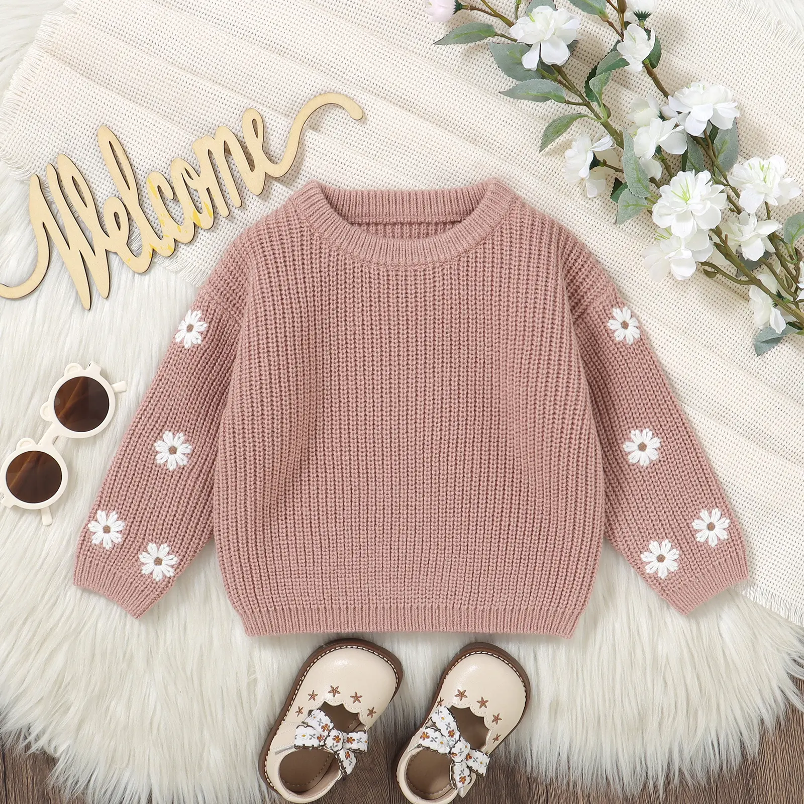 Newborn Girl Sweater Casual Floral Embroidery Warm Knitted Long Sleeves Pullover Infant Knitwear for Toddler