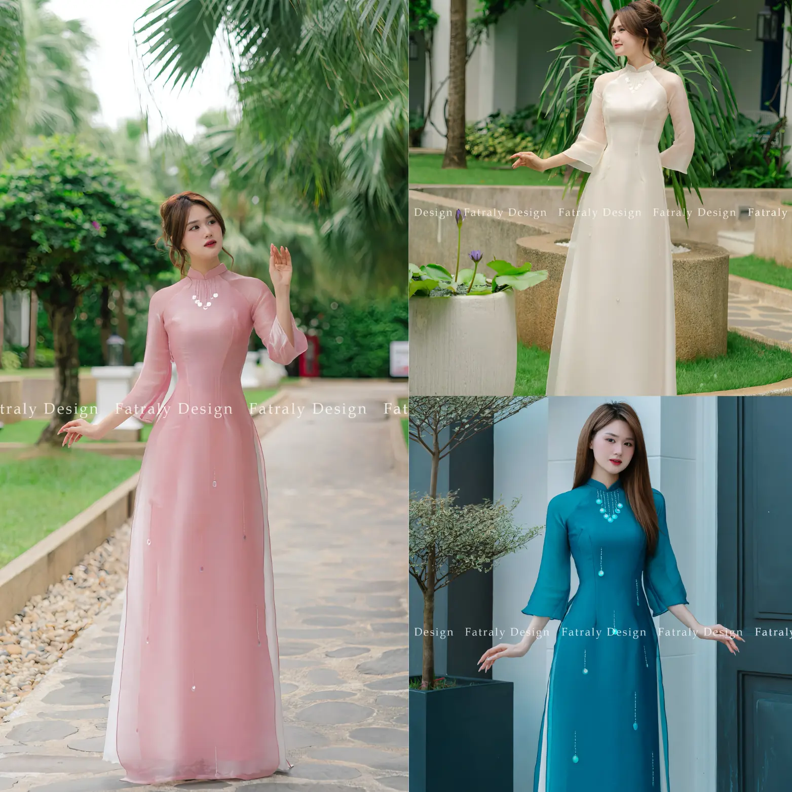 Fatraly - Áo dài nữ tơ 4 tà đính kết thủ công CAO CẤP