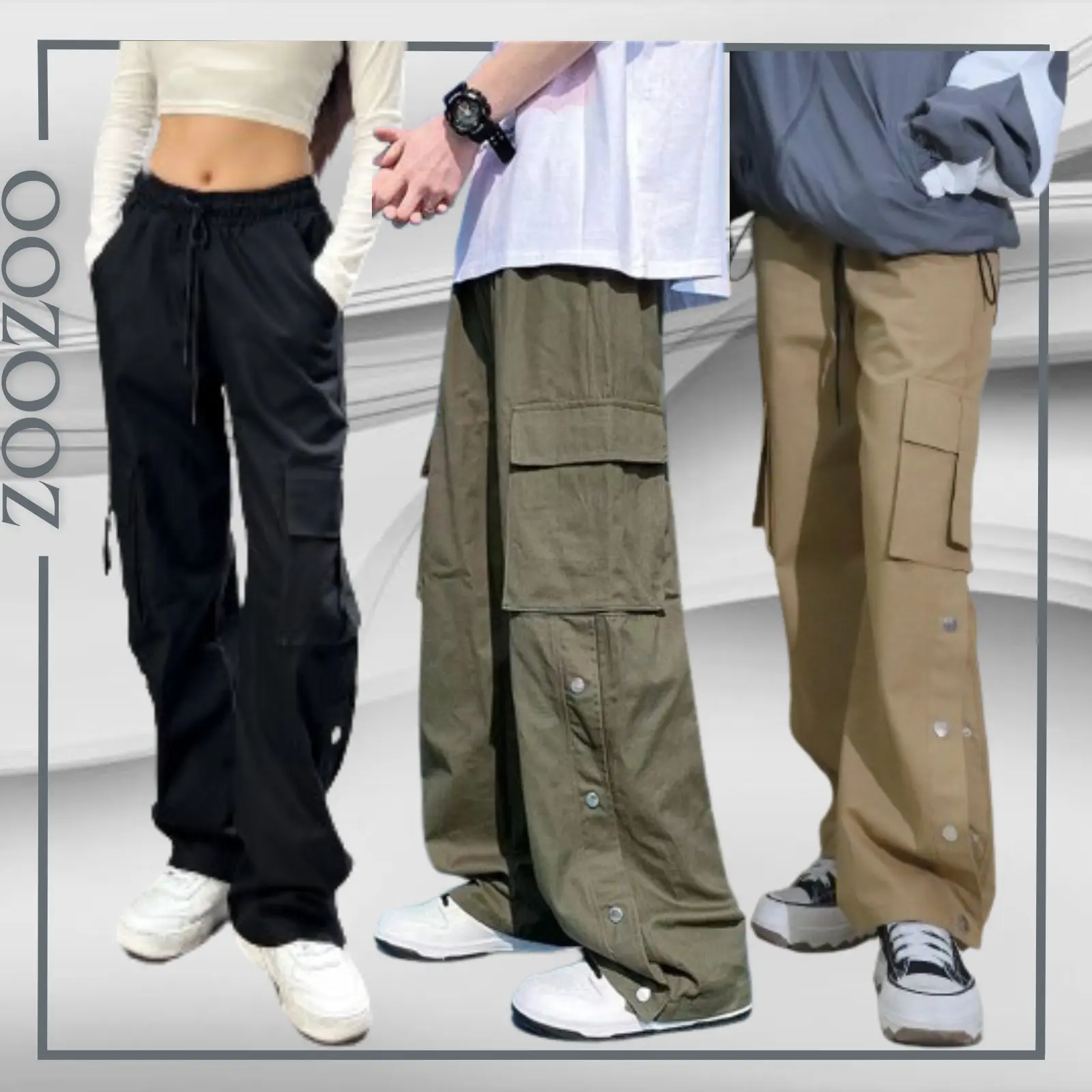ZOOZOO Uisex - Quần kaki Cargopant ZITI dáng suông ống rộng xẻ tà hàng thiết kế Nam nữ Xanh Rêu đen be Ong