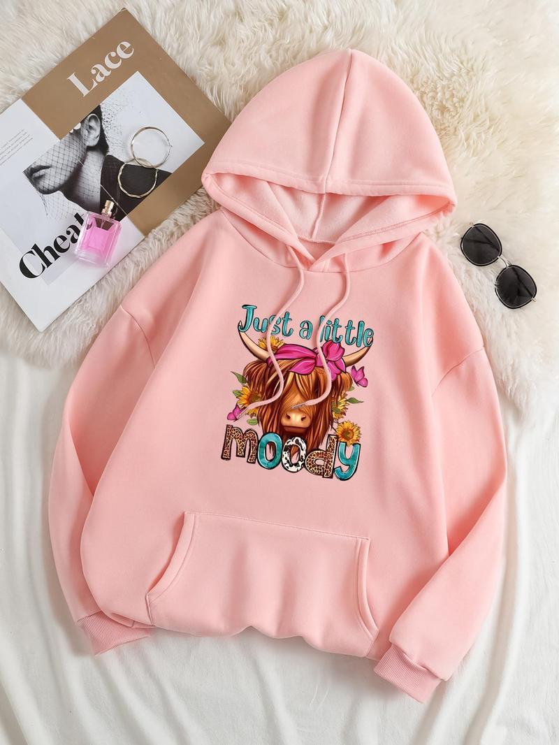 Product Introduction of Plus Size Cartoon Cow & Letter Print Drop Shoulder Hoodie, Fashion Casual Drawstring Pocket Hooded Sweatshirt for Daily Holiday Outdoor Wear, Women Plus Clothing for Fall & Winter 4