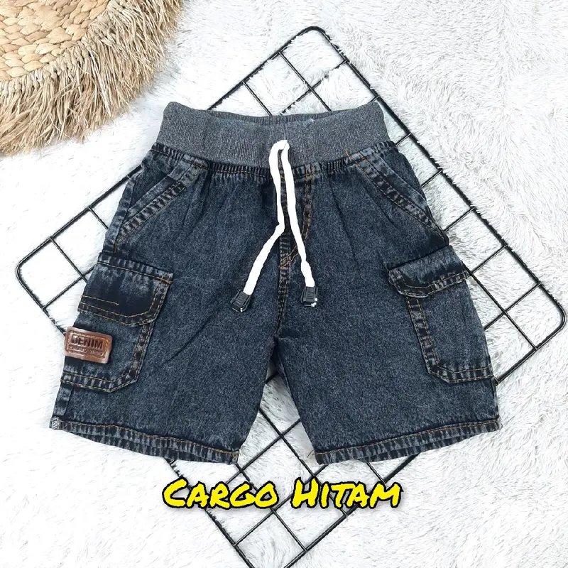 Jeans Cargo Anak Usia 1-4 Tahun, Bahan Jeans Wash 6.5oz, Warna Biru dan Hitam 2