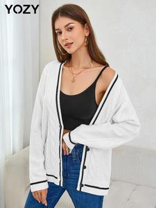 YOZY Women's Contrast Binding Button Front Cable Knit Cardigan, Casual Drop Shoulder Long Sleeve V Neck Cardigan, Women's Knitwear for Fall & Winter