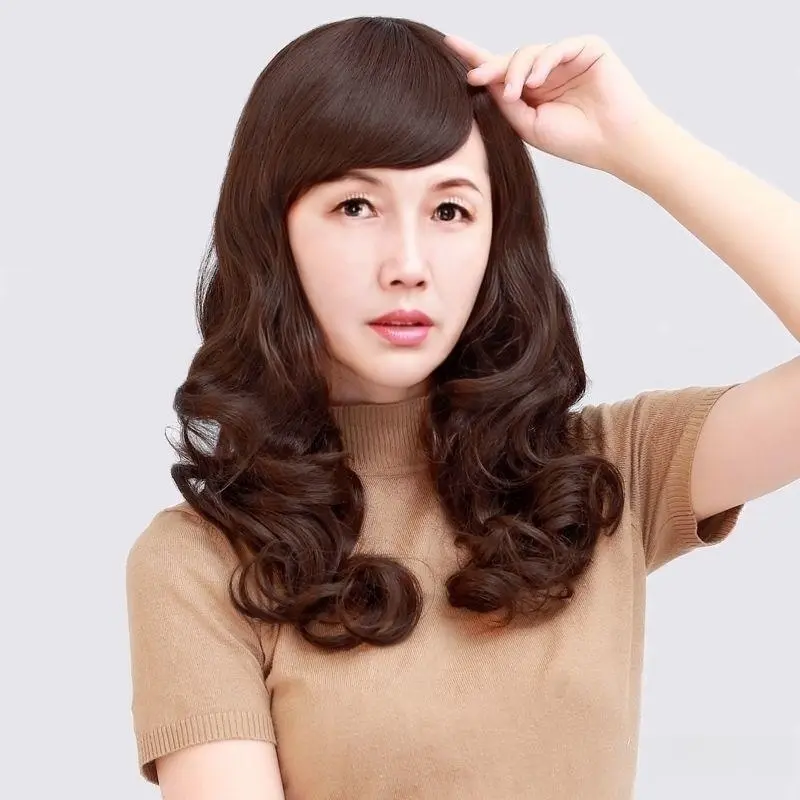Tóc Giả Cho Mẹ TRUNG NIÊN, Tóc Xoăn Dài Trung Bình Kiểu Gợn Sóng Phong Cách Người Nổi Tiếng Trên Internet, Dễ Thương Cho Khuôn Mặt Tròn Và Xương Đòn, Tóc Mái Tự Nhiên Và Bồng Bềnh Kẹp Tóc Mũ Đội Đầu 7