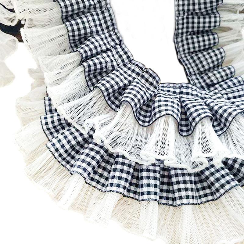 Product Introduction of Ren Kẻ Sọc, Rộng 7Cm, Trắng Và Đen, Ruy Băng Satin, Dây Buộc Xếp Ly Viền Ren Thêu, Bán Trong 1 Sân 12
