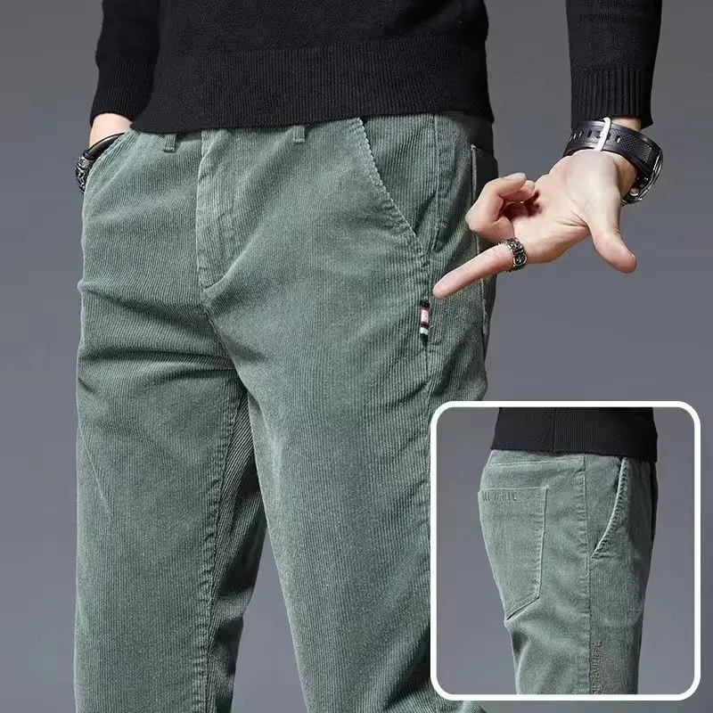 28-38 Men Corduroy Pants Slack Chino Spring Autumn Winter Casual Korean Office Work Straight Loose Slim fit Long Outfit Black Coffee Green