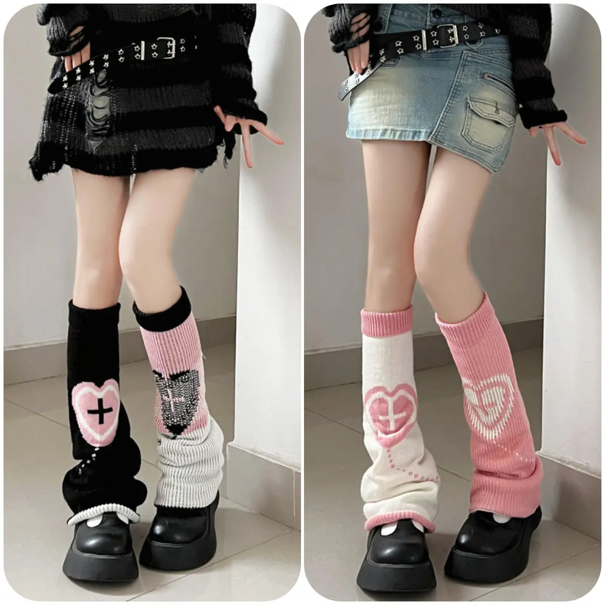 Máy làm ấm chân chéo trái tim Y2K dành cho phụ nữ, tất Harajuku ấm áp, nắp Harajuku , vừa vặn, dệt kim, ấm chân tình yêu, tất đầu gối cô gái nóng bỏng