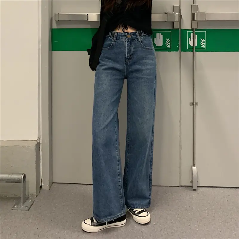Korean style biru laut vintage loose straight high waist celana jeans wanita(gambar fisik)--8093 7