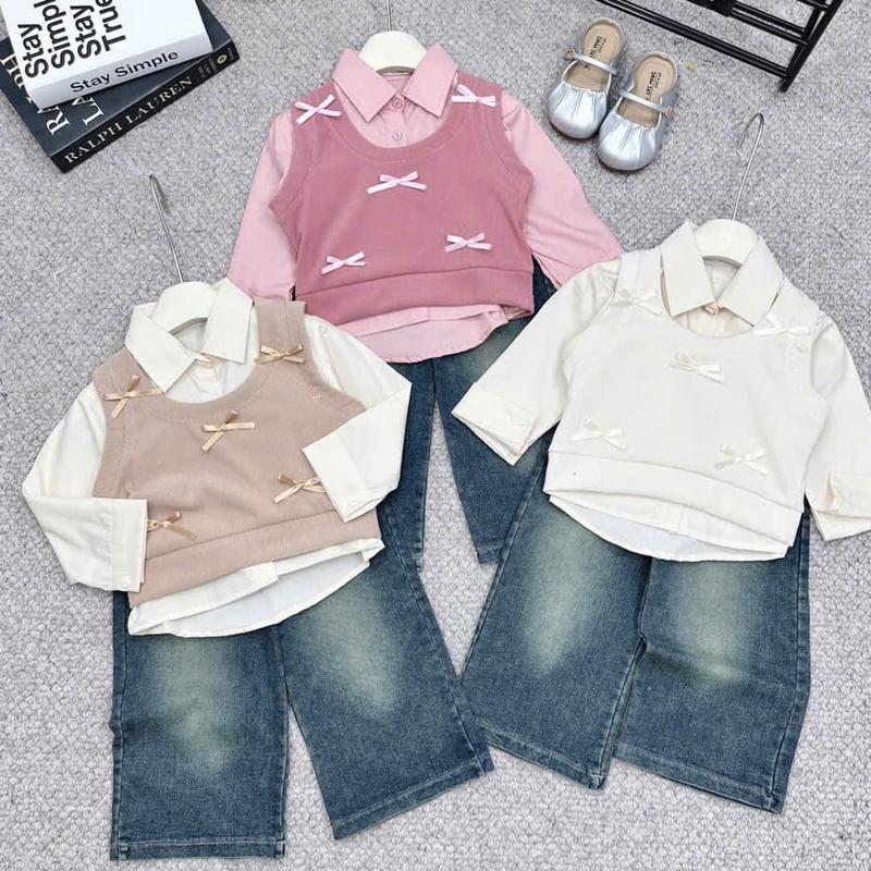 <QuynhNhu Kids> S1066 SET ÁO SƠ MI GILE QUẦN BÒ 3 CHI TIẾT BÉ GÁI 0