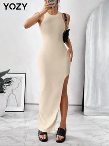 YOZY Women's Plain Cut Out Backless Bodycon Dress, Casual Split Thigh Long Tank Dress, Ladies Clothes for All Seasons