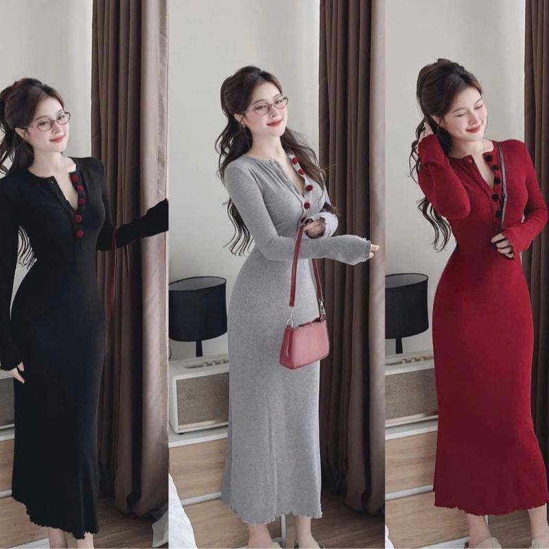  Đầm váy nữ tay dài cổ gài nút bọc mix dáng suông dài màu đen xám đỏ - Free size từ 40-51kg 