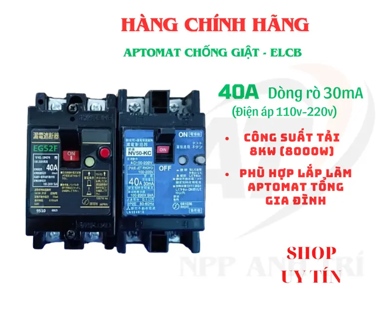 Aptomat, Cb bảo vệ điện giật, rò điện, quá tải điện 2 pha, 2 cực có chân cài lắp tủ công suất 40A dòng rò 30mA made in Japan ổ cắm đa năng thông minh 1